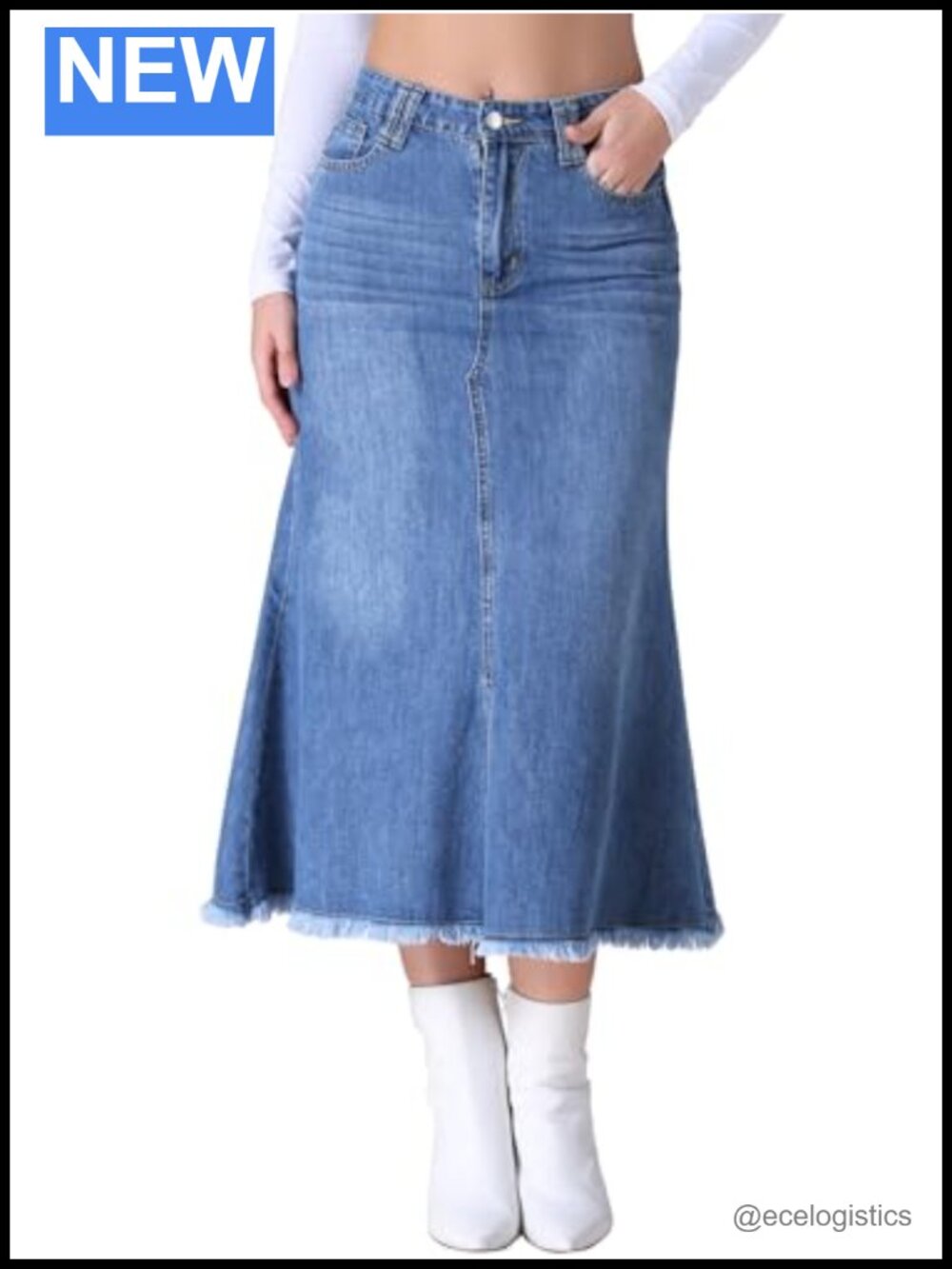 High Waisted A-Line Fishtail Long Denim Maxi Skirt with Slit